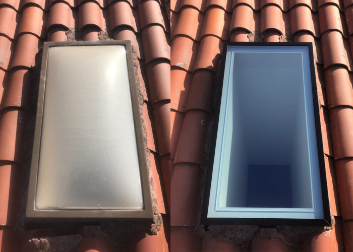 Skylight replacement before and after photo.